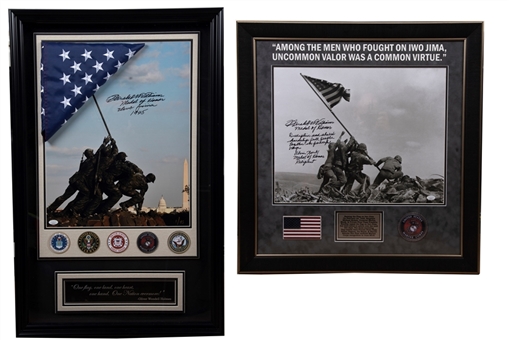 Lot of (2) Hershel Williams Signed and Inscribed Oversized Framed "Raising the Flag at Iwo Jima" Shadowboxes and Collages (JSA)   
